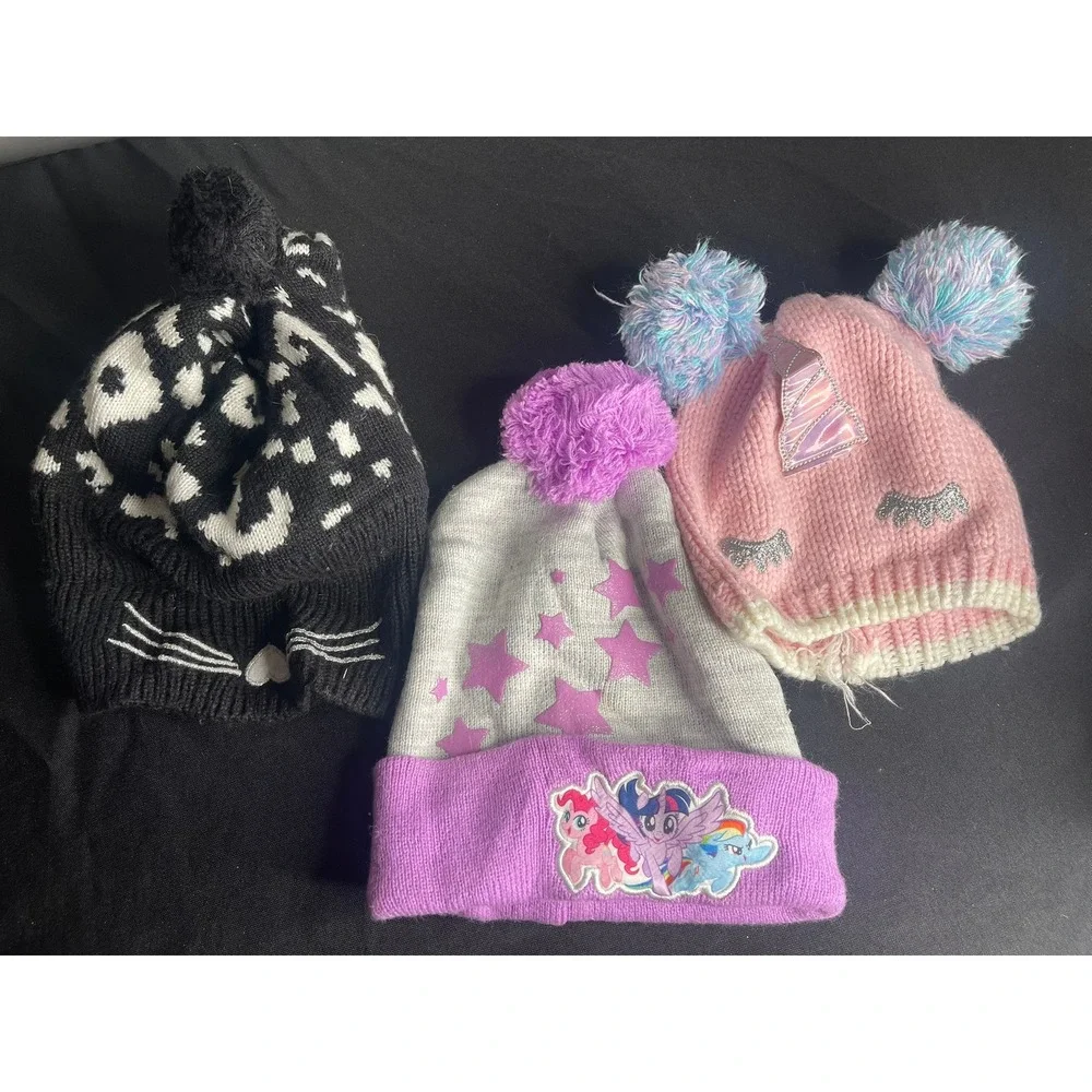 Girls Beanie Hat Lot 3pc My Little Pony Unicorn Cat Pom Pom Winter Knit One Size